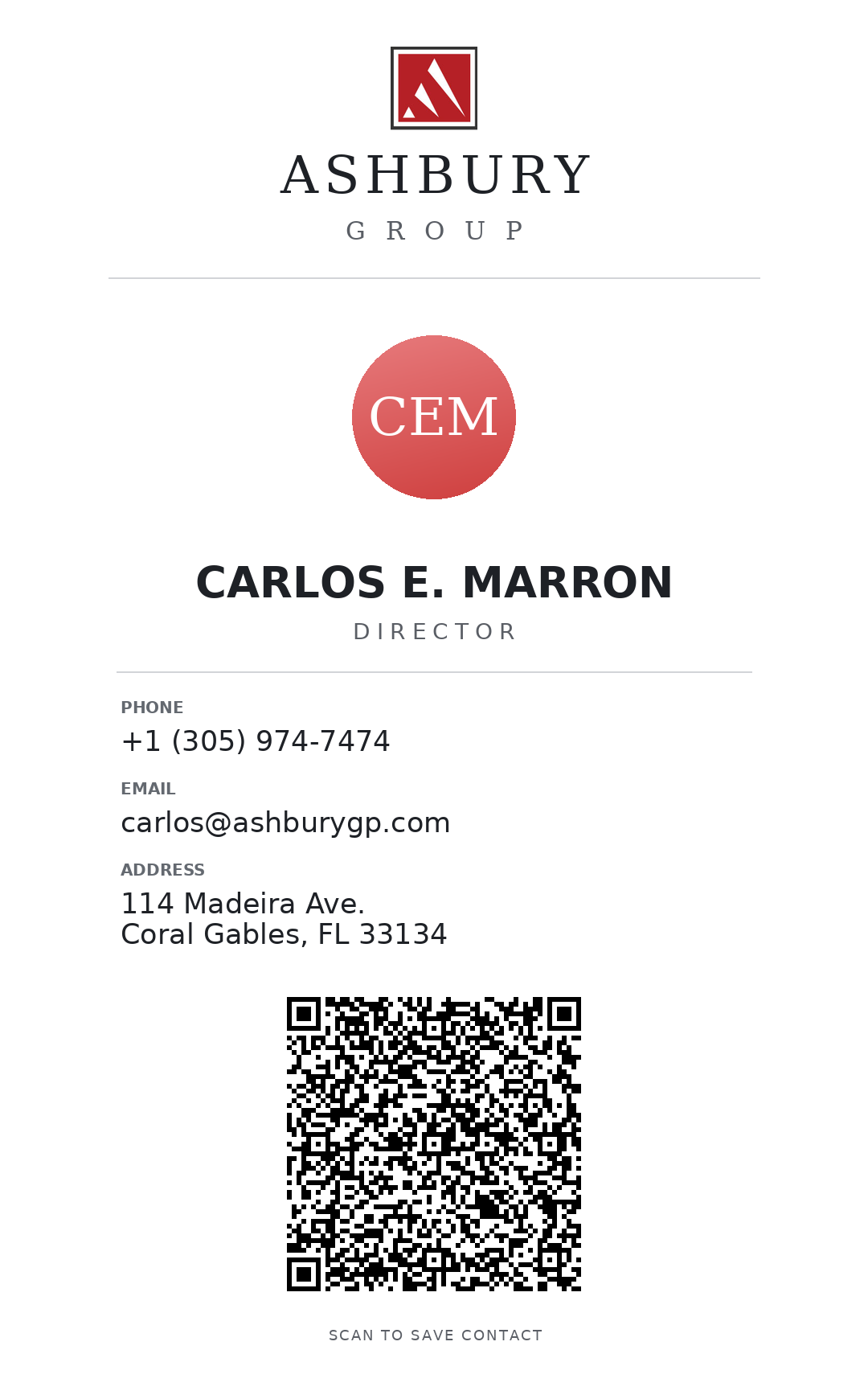 Tarjeta de presentación de Carlos E. Marron, Ashbury Group